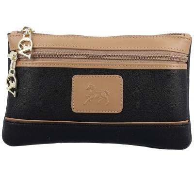 Carteira preta e bege com zíper e aplique de couro com cavalo