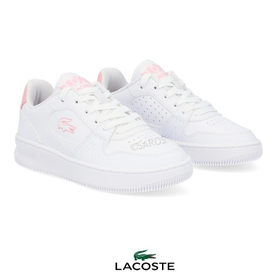 Ténis Lacoste brancos com detalhes em rosa e logo na lateral