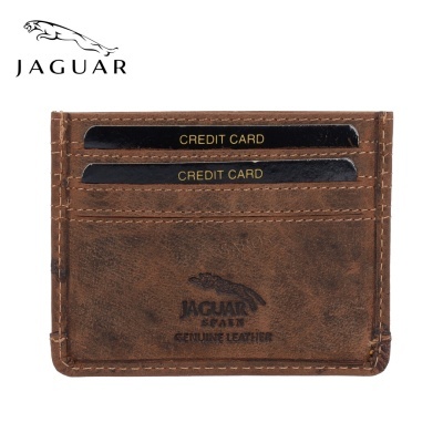 Carteira castanha de couro com logótipo Jaguar e cartões de crédito