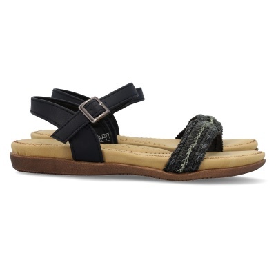 Sandálias de mulher pretas com sola castanha e faixa cinzenta texturada