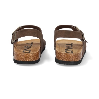 Sandálias castanhas com solo de cortiça vistas de trás