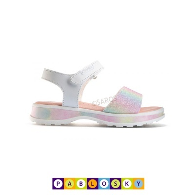 Sandália infantil branca e rosa com brilho multicolorido com fecho em velcro
