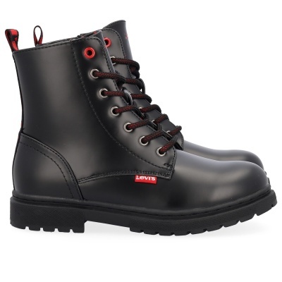 Botas pretas de couro Levis com atacadores preto-vermelho e etiqueta vermelha