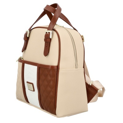 Mochila bege e castanha com bolso frontal acolchoado e alças castanhas