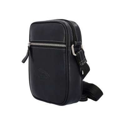 Mala tiracolo preta em pele com fecho de correr metálico prateado