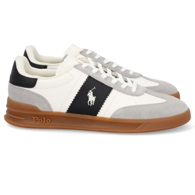 Sapatilhas Polo brancas com sola castanha e detalhes em nobuck cinzento e faixa preta com logo