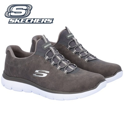 Ténis Skechers cinzentos com sola branca e logotipo branco