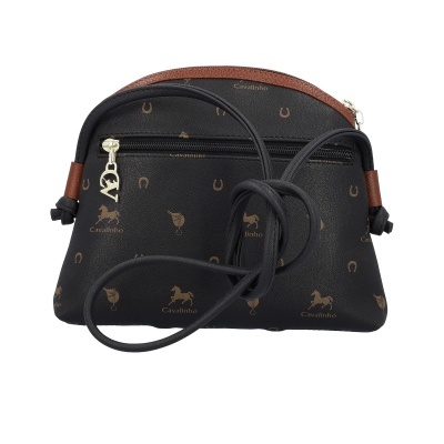 Mala preta com padrão castanho e alça ajustável.