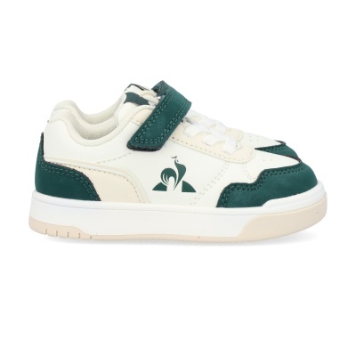 Tênis infantil branco e verde com fecho de velcro e atacadores brancos