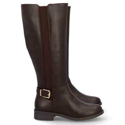 Botas altas castanhas com fivela e elástico lateral