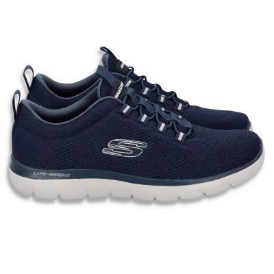 Ténis desportivos Skechers azuis com sola branca e detalhes cinzentos.