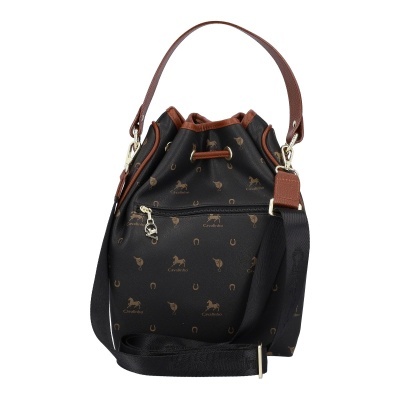 Mala preta com padrão castanho e alças castanhas e preta da marca Cavalinho