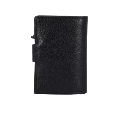 Carteira ou porta-cartões preto de pele rugosa com fecho lateral