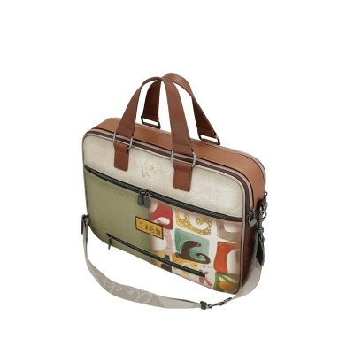 Mala de portátil castanha e bege com bolso colorido e alças em couro.