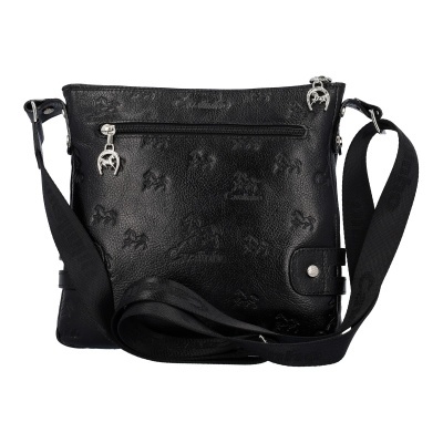 Mala tiracolo preta com padrão de cavalos e fechos metálicos prateados