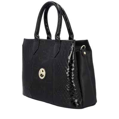 Mala preta de senhora com alças e fecho metálico dourado