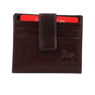 Carteira de pele castanha escura com logótipo Cavalinho e cartões vermelhos