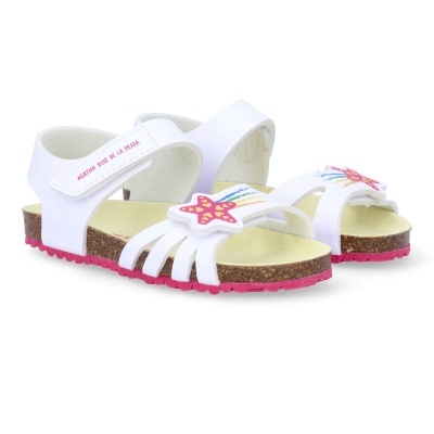 Sandálias brancas de criança com estrela do mar rosa e sola cortiça