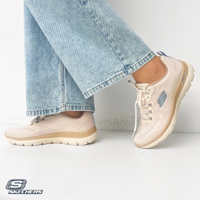 Ténis Skechers bege claro com detalhes azuis