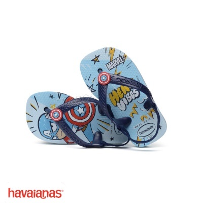 Chinelos infantis Marvel azul com alças azuis e estampa do Capitão América