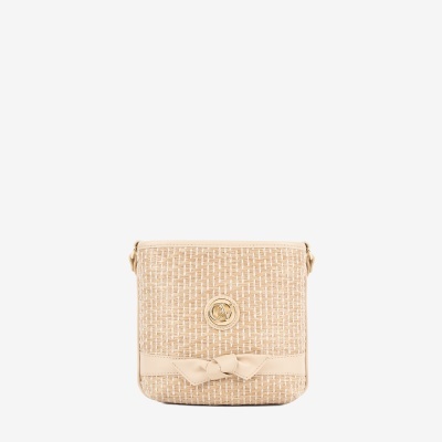Mini mala em palha e pele bege com laço e logótipo dourado