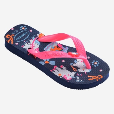 Chinelo infantil azul com estampado de unicórnios e tira rosa da Havaianas