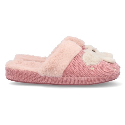 Pantufa rosa felpuda com aplique de rosto de animal em pelúcia creme