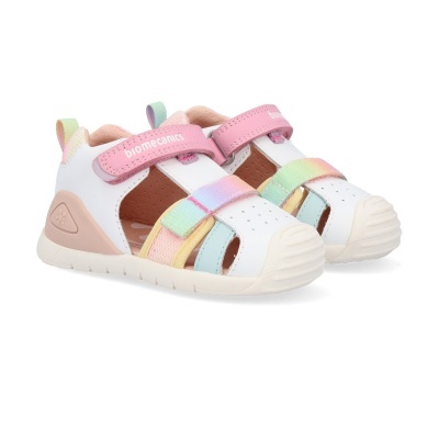 Sapatos infantis brancos com tiras multicoloridas e fecho em velcro rosa biomechanics