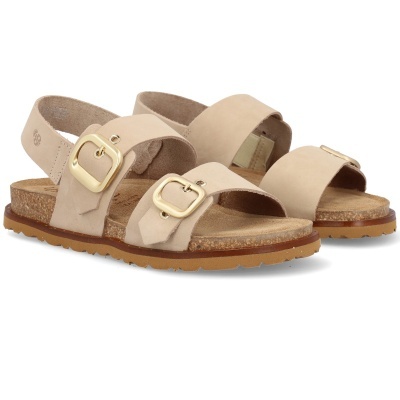 Sandálias de couro bege com fivelas douradas e sola de cortiça