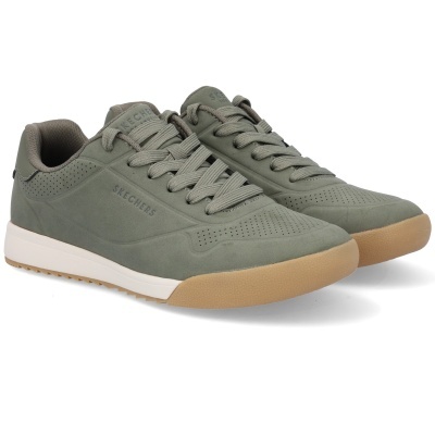 Ténis masculinos verdes Skechers com sola castanha clara e entressola branca