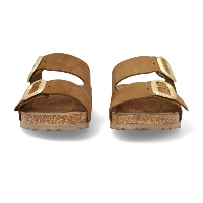 Sandálias castanhas em camurça com duas fivelas douradas