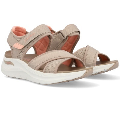 Sandálias Skechers bege e rosa salmão com sola branca