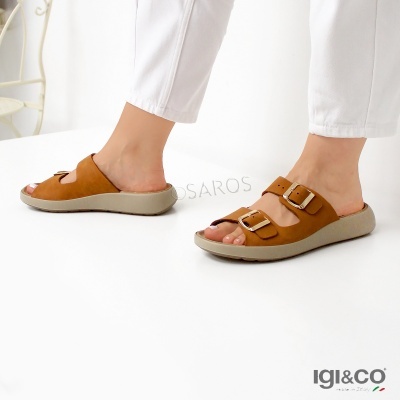 Sandálias castanhas com duas fivelas douradas e sola cinza