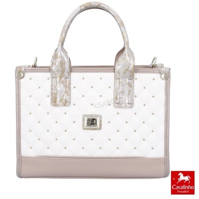 Mala de senhora Cavalinho branca e bege com detalhes dourados e alças texturizadas