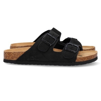 Sandálias negras com sola de cortiça e tiras com fivelas