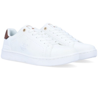 Sapatilhas brancas com detalhe castanho e logótipo de cavalo em relevo