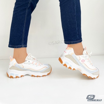 Ténis Skechers brancos com detalhes em bege e laranja e sola grossa laranja