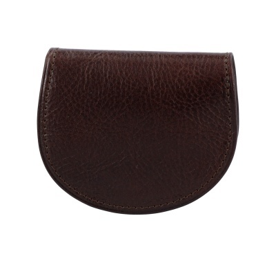 Carteira de moedas em pele castanha com costuras visíveis