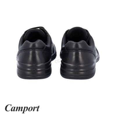 Par de sapatos pretos de couro vistos de trás com fundo branco e texto 'Camport'