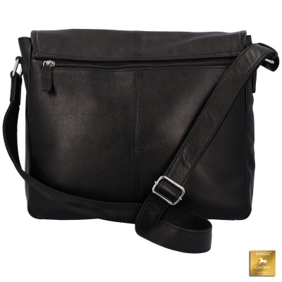 Mala tiracolo preta em pele sintética com alça ajustável e fecho de correr