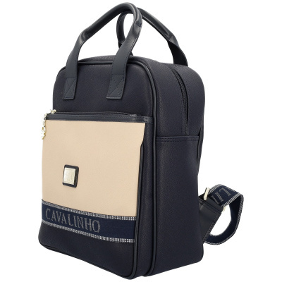 Mochila preta e bege Cavalinho com texto no bolso frontal