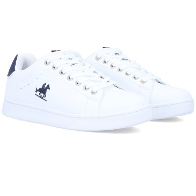 Sapatilhas brancas com cavalo preto e detalhe azul no calcanhar