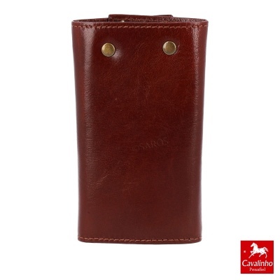 Carteira castanha em pele com botões metálicos dourados e logótipo Cavalinho Penafiel
