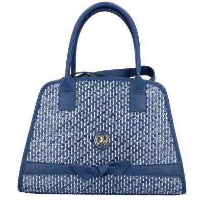Mala feminina azul com padrão tecido e detalhes em pele azul.