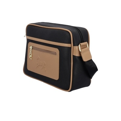 Mala de ombro preta e castanha com bolso frontal e fecho de correr metálico