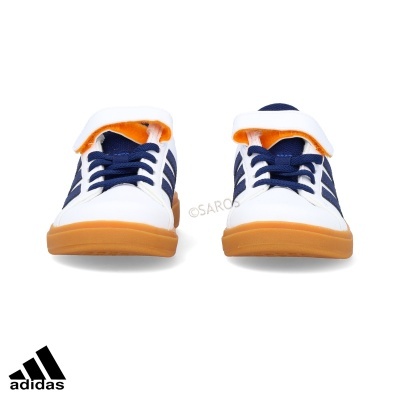 Sapatilhas Adidas brancas com detalhes azuis e sola castanha
