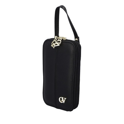 Bolsa preta em couro com fecho dourado e logo CV