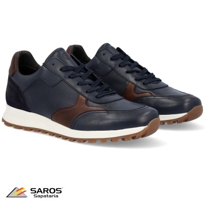 Ténis em couro azul escuro com detalhes castanhos e sola branca