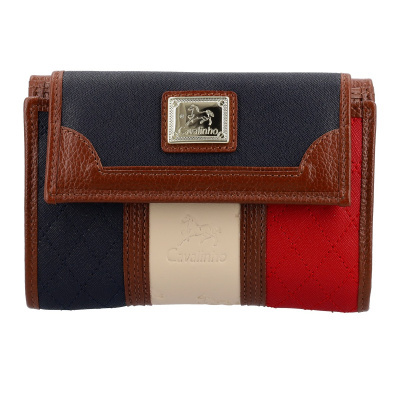 Carteira tricolor azul, branca e vermelha com detalhes em pele castanha e placa metálica Cavalinho.
