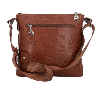 Mala de ombro castanha em pele sintética com padrão de cavalos em relevo e fecho metálico